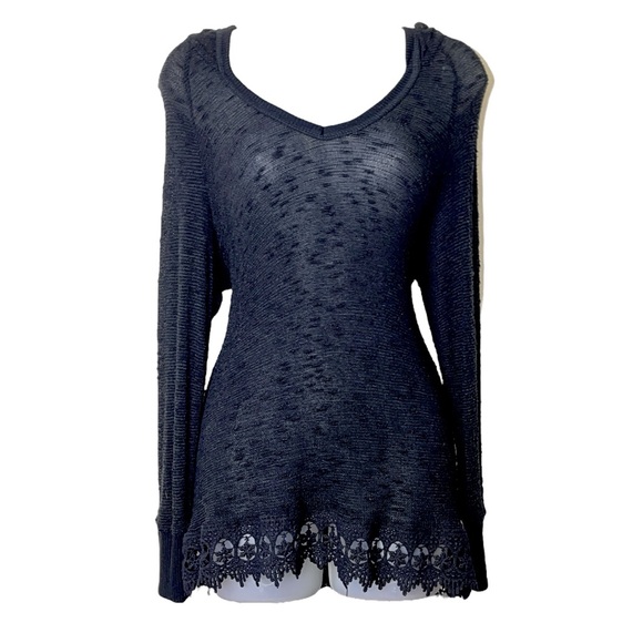 Y2K Bobeau Crochet Embroidered Cutout Lace Hem Knit Hooded Top Black M Goth Cozy - Picture 3 of 14